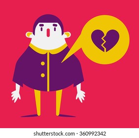 Vector illustration of a stylized cartoon man standing next to a broken heart inside a dialog box.