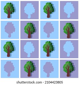 Vector illustration of stylized cartoon trees. Background of trees and their silhouettes.