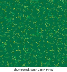 Vector illustration of stylized cave drawings in shades of green. Isolated from background. Monochromatic seamless pattern for gifts, posters, flyers, wallpaper, textile, fabric and scrapbooking.
