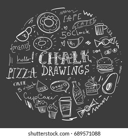 Vector illustration, stylized chalk drawings on a blackboard. Food and cafe theme. Prints, elements for design, poster.