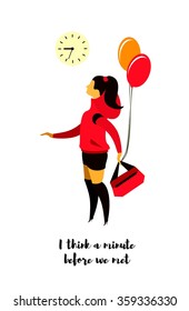vector illustration stylized characters on a white background love girl standing under the clock and waiting for someone
