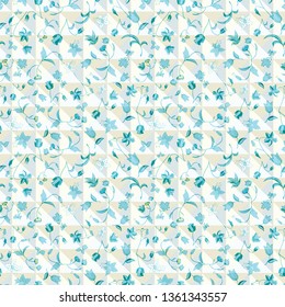 Vector illustration of stylized checkered triangles layered with abstract florals in shades of yellow, lime, green, blue and moss. Monochromatic, stylish seamless repeat pattern for gift, cards,