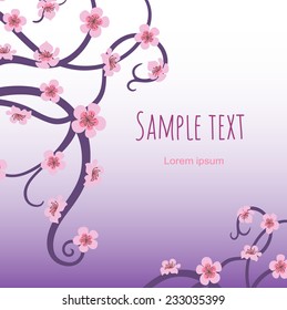 Vector illustration. Stylized cherry tree with pink flowers on a violet background. Orient card with cherry blossoms. Card template