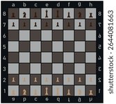 Vector illustration of a stylized chessboard with mirrored letters and numbers, featuring classic chess pieces in starting position, black vs white.