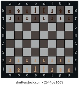 Vector illustration of a stylized chessboard with mirrored letters and numbers, featuring classic chess pieces in starting position, black vs white.