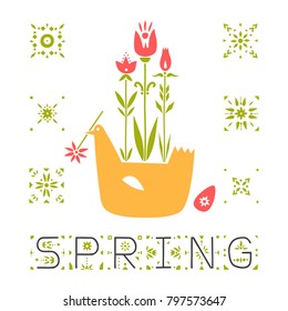Vector illustration. Stylized chicken with a flower in its beak and an egg. Decorative inscription "Spring" and floral decor.