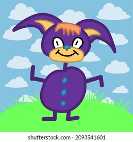 Vector illustration stylized as a child's drawing. Purple bunny on a green meadow on a blue background with clouds. Cartoon bunny.