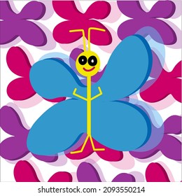 Vector illustration stylized as a child's drawing. Cartoon funny cute butterfly on an abstract background.