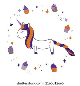 Vector illustration stylized as a child's drawing. White unicorn surrounded by cakes, stars and glitter 