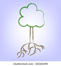 Vector illustration of Stylized child's drawing of a tree with roots.