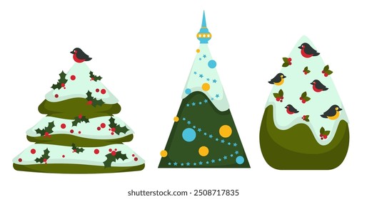 Ilustración vectorial de un árbol de Navidad estilizado con estrellas rojas y velas, aislado sobre un fondo blanco. Perfecto para tarjetas de felicitación de vacaciones y diseños festivos.