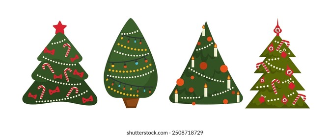 Vector illustration of a stylized Christmas tree decorated with red bows and candy canes, isolated on a white background. Perfect for holiday greeting cards and festive designs.