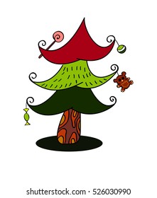 vector illustration with a stylized Christmas tree and toys slant on it