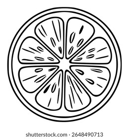 Vector illustration of a stylized citrus fruit slice, featuring a hand-drawn style with bold black lines and segmented detailing, ideal for design projects requiring a unique, graphic representatio...