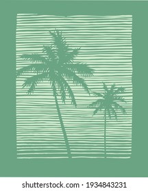 Vector illustration of stylized coconut trees on irregular stripes background. Art for t-shirts, posters and etc ...