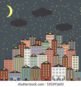 Vector illustration of stylized colorful city landscape. Old small town at night.