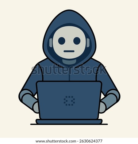 Vector illustration Stylized concept of AI robot working on laptop, hacker bot or cybersecurity automation. Suitable for tech designs and infographics.