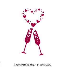 Vector illustration, stylized couple glasses of champagne with hearts. Logo for Valentine's day. Logo for wedding cards or invitations. For restaurant, bar, cafe or party. 
