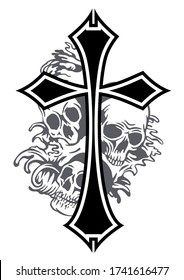 Vector illustration of stylized crucifix with skull in the background.