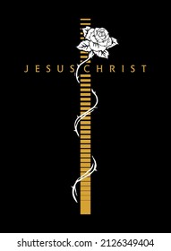Vector illustration of stylized crucifix with the word Jesus Christ and stylized rose.