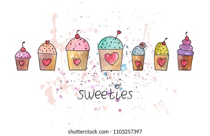 Vector illustration. Stylized cupcake set. Print design element. Cute vector objects.