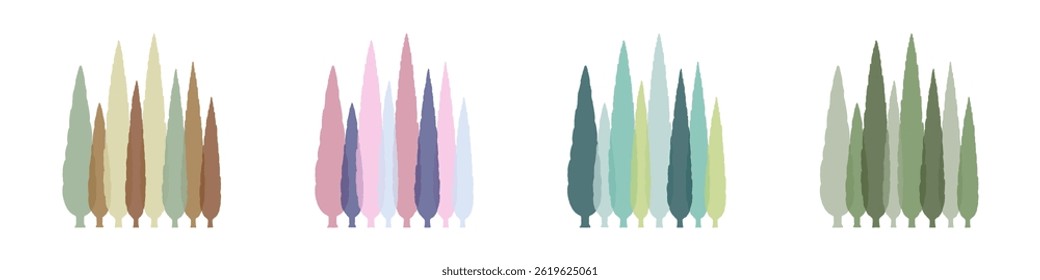 Vector illustration of stylized cypress trees in four different color palettes, perfect for design, nature concepts, or backgrounds