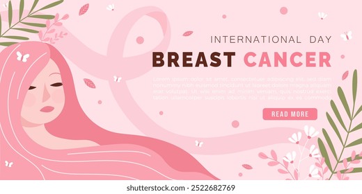 Una Ilustración vectorial de un diseño estilizado que promueve el Día Internacional para la Concienciación sobre el Cáncer de Mama, con una cinta rosa y Elementos florales decorativos.