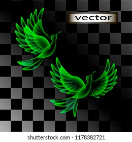 Vector illustration stylized drawing green birds hummingbirds transparent 3D isolated on dark background.