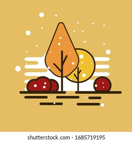 Vector illustration. Stylized drawing of nature in a flat style. On a beige background are a tree and shrubs with yellowed foliage. Imitation of snowflakes.
