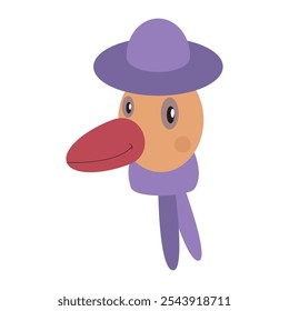 Ilustração vetorial de um pato estilizado com chapéu roxo e bico vermelho grande.