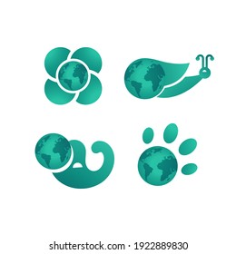 Vector illustration of stylized eco-bio logos with snail, elephant, flower and animal paw print with a globe. Environmental protection and nature conservation concept. Flat design..