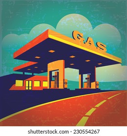 vector illustration of a stylized effect of old movie film on petrol station on the highway