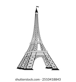 Ilustração vetorial de uma torre Eiffel estilizada sobre um fundo branco isolado. Modelo para o design de cartão postal, logotipo, etiqueta, web design.