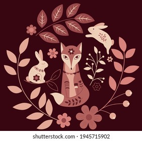 vector illustration of stylized ethnic fox, rabbits and floral elements in orange colour scheme, autumn colours