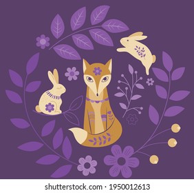 vector illustration of stylized ethnic fox, rabbits and floral elements in purple and yellow colour scheme
