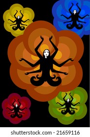 Vector illustration of stylized fairy Indian woman , seatting in lotus pose on the sunny, flower background