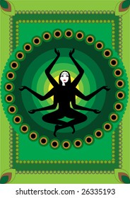 Vector illustration of stylized fairy Indian woman , seating in lotus pose on the sunny, red background
