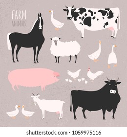 Vector illustration of stylized farm animals and poultry