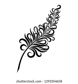 Vector illustration stylized feather from ornament elements. Figure black line. Tattoo. Image for your design and decor. Lace. Pen writer. Write a book. Book Shop. Letters