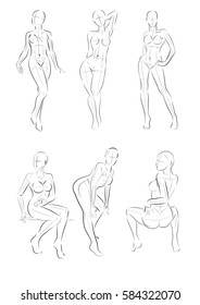 Vector illustration of stylized figures standing naked women. Outline poses female figure
