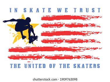 Vector illustration of stylized flag with skateboarder silhouette. Design for print T-shirts, posters and etc ...