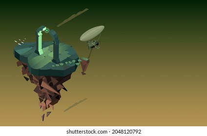 A vector illustration of a stylized floating island with a large green structure and a small airship (zeppelin) approaching it, set against an abstract, gradient background