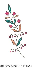 A vector illustration of a stylized floral branch with intricate details, isolated on a white background. Suitable for prints, patterns, or digital designs.