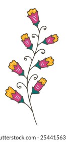 A vector illustration of a stylized floral branch with intricate details, isolated on a white background. Suitable for prints, patterns, or digital designs.
