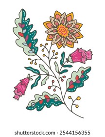 A vector illustration of a stylized floral branch with intricate details, isolated on a white background. Suitable for prints, patterns, or digital designs.