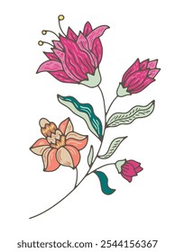 Una Ilustración vectorial de una rama floral estilizada con detalles intrincados, aislada sobre un fondo blanco. Adecuado para impresiones, patrones o diseños digitales.