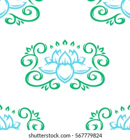 Vector illustration of a stylized flower surrounded by green shoots and leaves. Seamless texture.