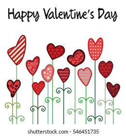 vector illustration of  stylized flowers with hearts in rustic style and red patterns for Valentines Day decoration and greeting cards