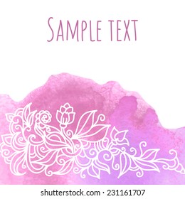 Vector illustration. Stylized  flowers on a white background with pink watercolor splash. Orient card with line draw flora. Doodle and paint invitation card