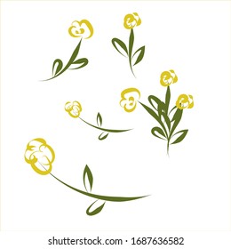 Vector illustration. Stylized flowers using the technique of runic drawing. Green stems with yellow buds